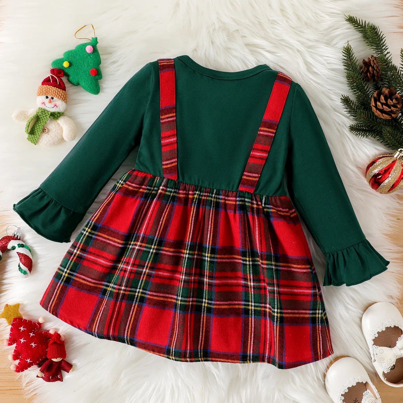 Solid Long-sleeve Spliced Red Plaid Bow Front Dress