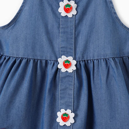 Cooling Denim Strawberry Embroidery Flutter-sleeve Dress