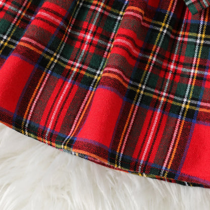 Solid Long-sleeve Spliced Red Plaid Bow Front Dress