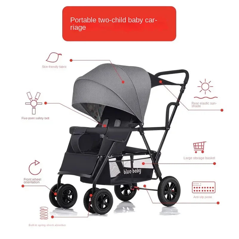 Removable Rear Seat Baby Twin Stroller