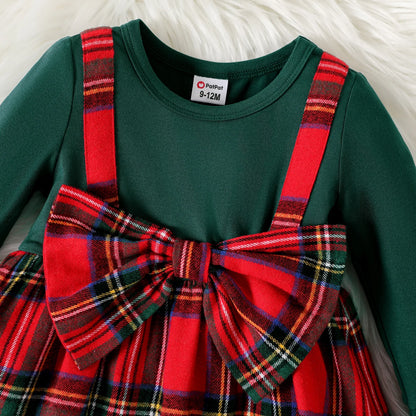 Solid Long-sleeve Spliced Red Plaid Bow Front Dress