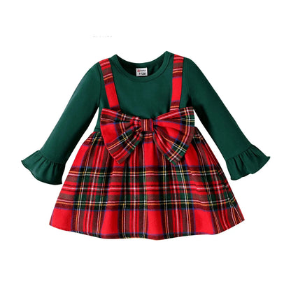 Solid Long-sleeve Spliced Red Plaid Bow Front Dress