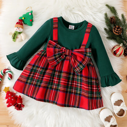 Solid Long-sleeve Spliced Red Plaid Bow Front Dress