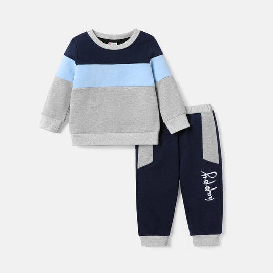 Long-sleeve Colorblock Sweatshirt and Letter Print Sweatpants Set